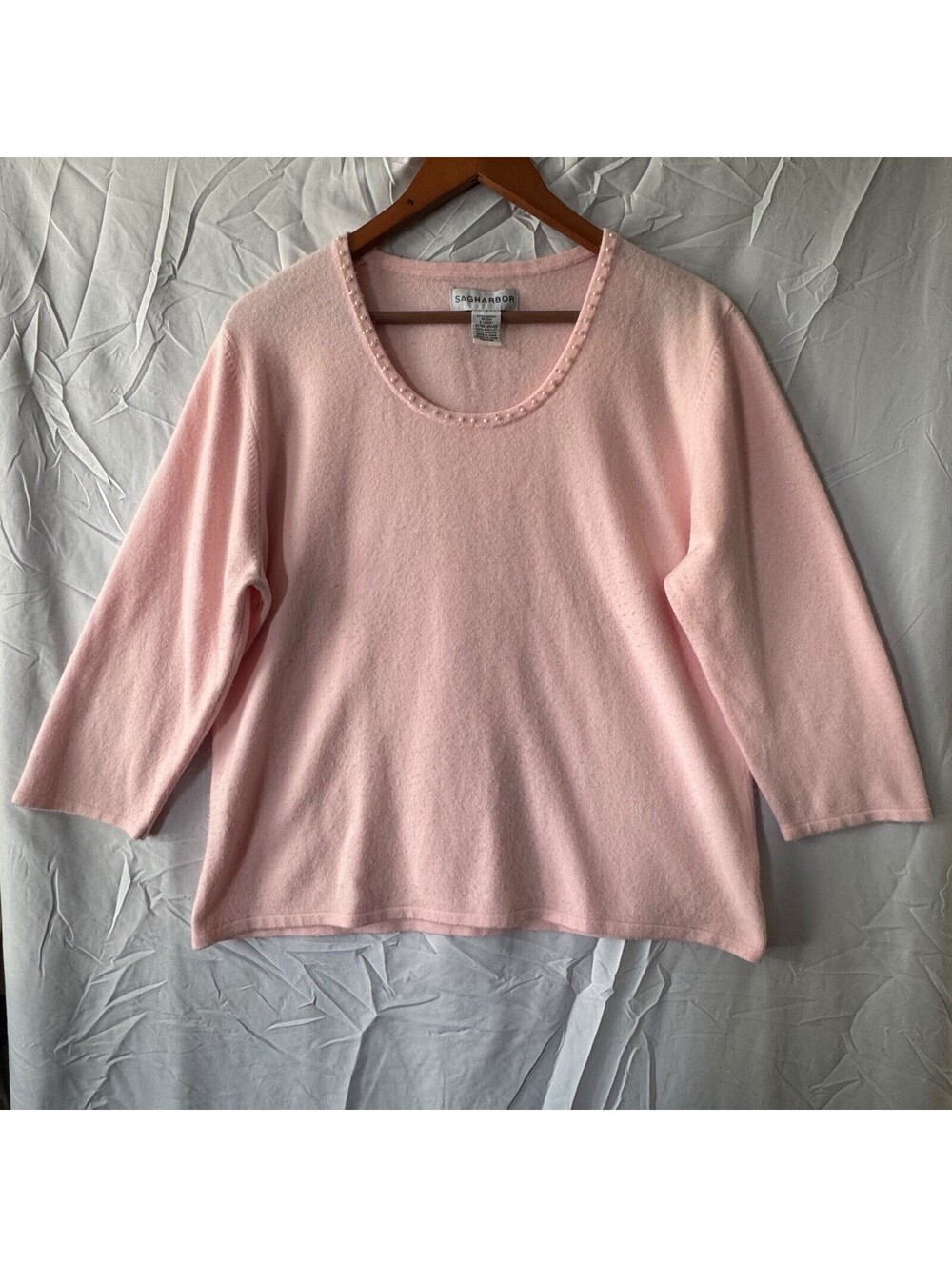 Sag Harbor Sweater XL Pink Pearl Beaded Scoop Neck 3/4 Sleeve Acrylic